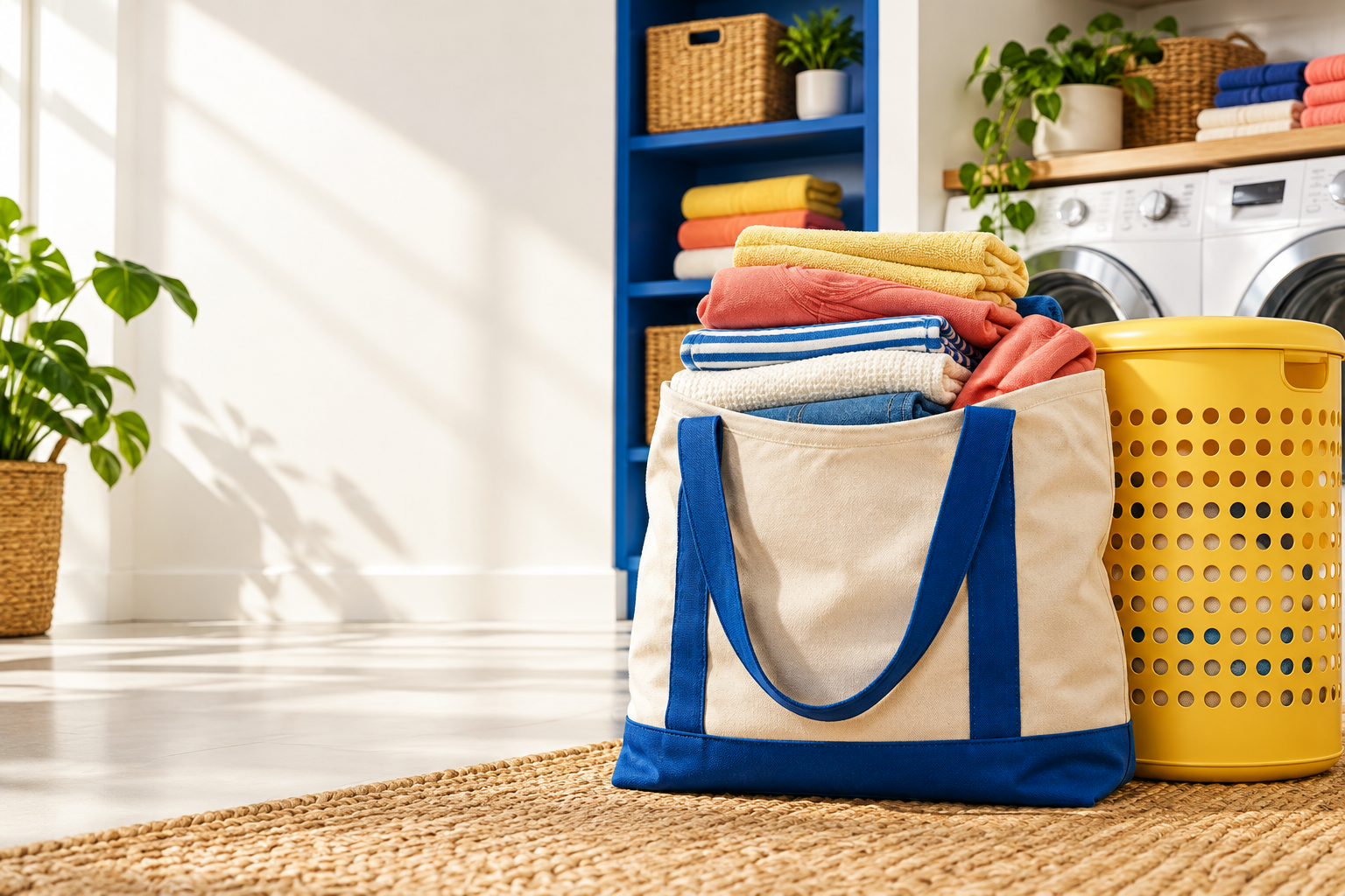 Colorful folded clothes in a laundry bag beside a yellow hamper